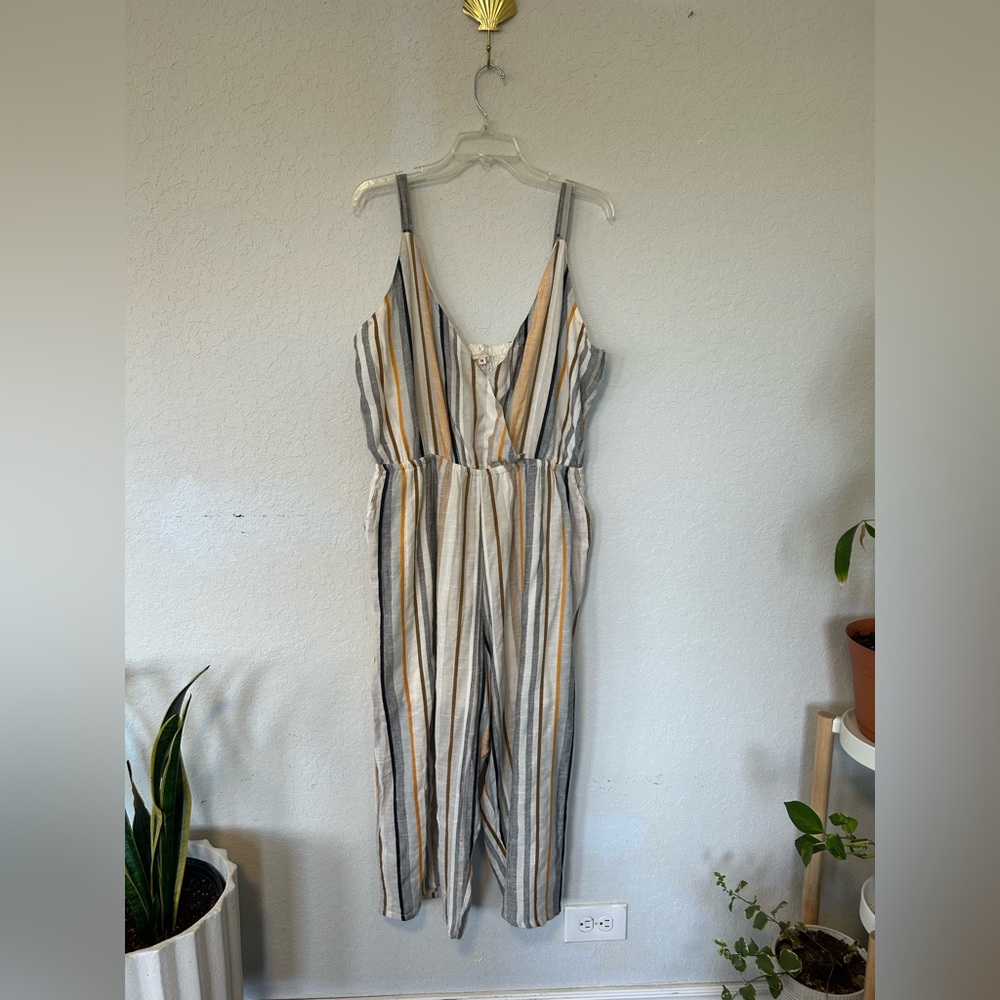Boho Striped V-neck Sleeveless Jumpsuit, Elasticized Waistband, Wide Leg